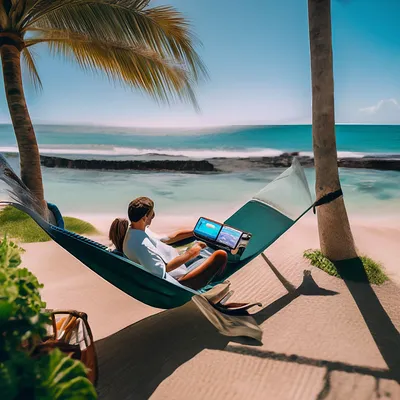 Красивая молодая женщина с ноутбуком отдыхает в гамаке на морском пляже ::  Стоковая фотография :: Pixel-Shot Studio