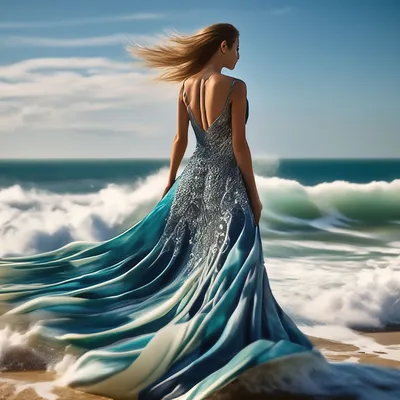Девушка в синем платье у моря - 61 фото