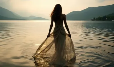 Женщина в вечернем платье ходит по воде Стоковое Фото - изображение  насчитывающей отдых, персона: 158583852