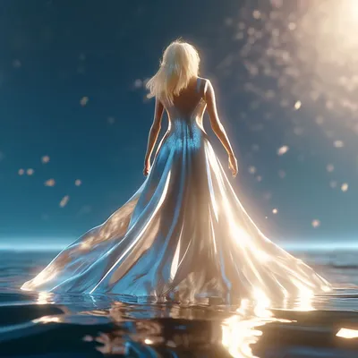 В воде стоит женщина в длинном платье. | Премиум Фото
