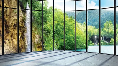 Флизелиновые фотообои 3д на стену фото для зала 368x254 см Водопад за  большим панорамным окном (1511V8)+клей по цене 1800,00 грн