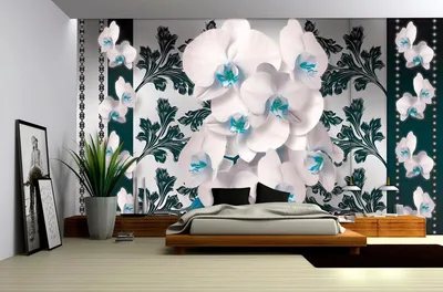 Флизелиновые фотообои в спальню над кроватью фото 254x184 см 3Д  Бело-голубые элегантные орхидеи (1288V4)+клей купить по цене 1200,00 грн