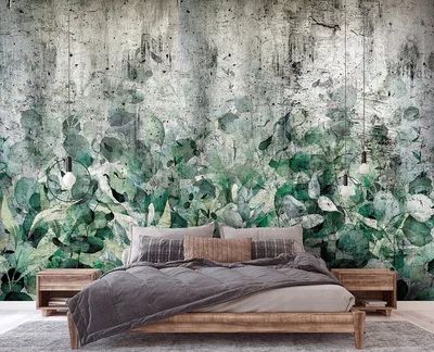 Флизелиновые фотообои в спальню над кроватью 416x290 см Зеленые листья на  бетонной стене (14515VEXXXXL)+клей купить по цене 2400,00 грн