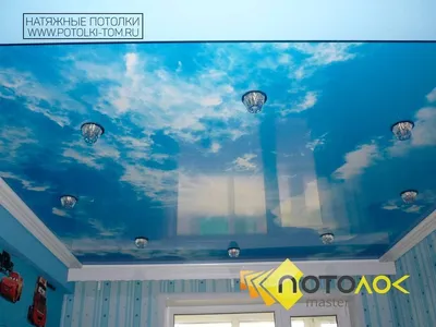 Одноуровневый глянцевый натяжной потолок для спальни 10 м2 с фотопечатью  монтаж и установка в Саратове