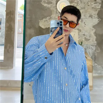 Мужская рубашка с блестками, повседневная свободная голубая рубашка с  блестками в Корейском стиле, осень 2022 | AliExpress