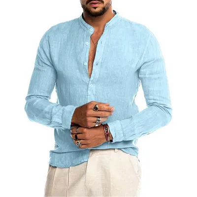 Мужская рубашка из хлопка и льна с длинным рукавом и воротником-стойкой, 5  цветов на выбор | AliExpress