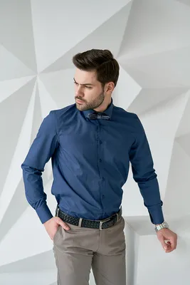 Рубашка мужская Black Sim 9037-9576 - классическая синяя мужская рубашка из  хлопка с широкими манжетами. - BlackSim