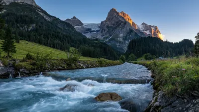 Река, горы и сосны стоковое изображение. изображение насчитывающей гора -  59683147