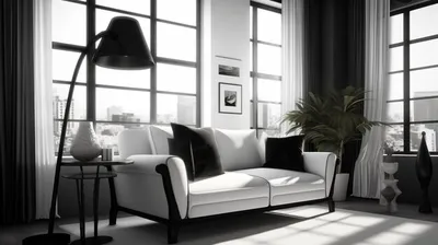 Черно-белая гостиная с белым диваном и черной лампой. | Премиум Фото