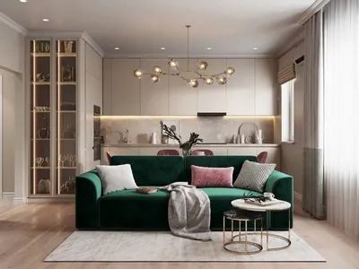Розовый диван Oscar и кресло Vivo в интерьере кухни-гостиной | SKDESIGN