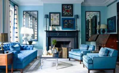 Синий диван в интерьере гостиной - фото, дизайн гостиной с диваном синего  цвета