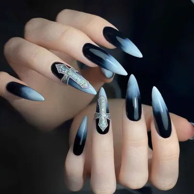 Gothic Style Fake Nails Pure Black Press On Nails With - Temu