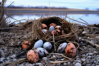 Гнездо птиц с яйцами на синем столе | Премиум Фото