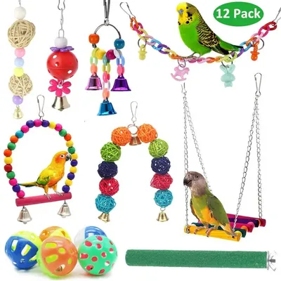 Игрушки в сборе для попугаев, набор из 12 предметов, игрушка для попугаев,  качели, когтей, лозы, кусачки, 300 г | AliExpress