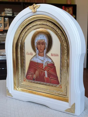 Купить икону Наталья Никомедийская, инкрустация камнями в резном окладе  ручной работы.