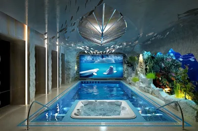 Дизайн бассейна в частном доме с голубыми стенами