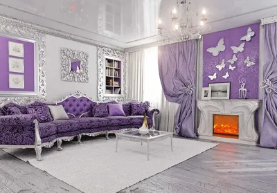 Фиолетовые, лиловые, сиреневые шторы в интерьере гостиной, спальни - 40 фото