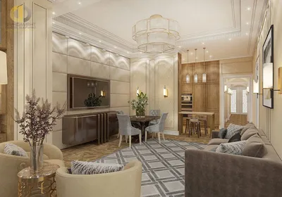 Роскошный интерьер просторной гостиной в серых тонах с мягкой светлой  мебелью