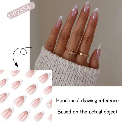 24 шт., искусственные ногти с белым цветком миндаля, телесного и розового  цвета, искусственные ногти для французского маникюра, блестящий дизайн,  профессиональный дизайн ногтей | AliExpress