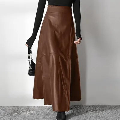 Женская длинная юбка из искусственной кожи с высоким разрезом | AliExpress
