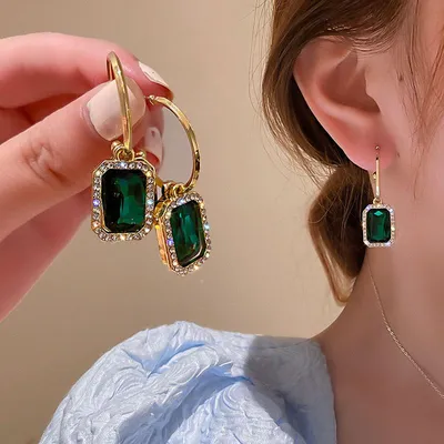 Купить Корейские золотые серьги-кольца с геометрическим кругом и стразами,  квадратные зеленые серьги-капли с кристаллами для женщин, модные ювелирные  изделия, подарок | Joom