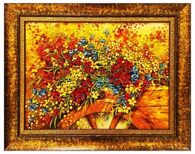 Купить Картина из янтаря \"Цветы на телеге\" по цене 19 800 руб.