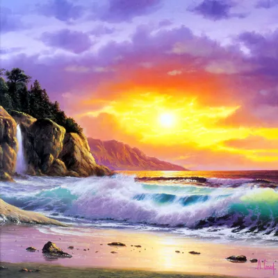 Море Картина маслом - \"Морской пейзаж. Закат\" Миниатюра