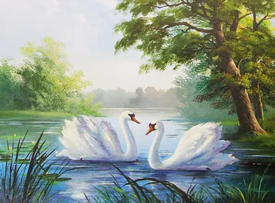 Репродукция картины \"Лебеди на воде\". Картина маслом на холсте \"Лебеди на  воде\"