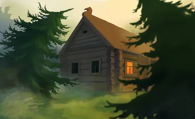 Иллюстрация Хижина в лесу в стиле 2d, комикс, компьютерная графика