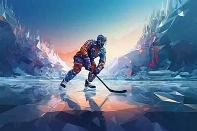 Хоккеист играет на ледовой арене вокруг леса и гор | Премиум Фото
