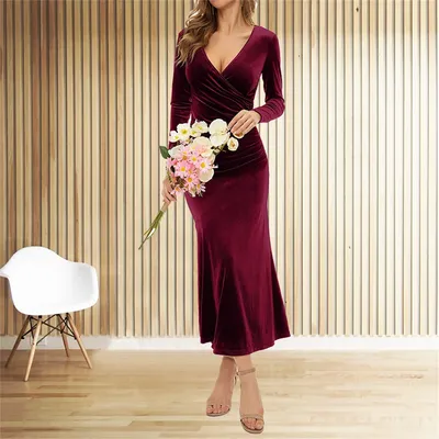 2023 Простые Классические Вечерние платья с V-образным вырезом и длинным  рукавом платье-Русалка длиной до щиколотки из тафты со складками  официальное платье | AliExpress