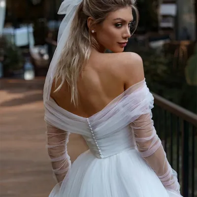 Классическое свадебное платье в стиле бохо, мягкое Тюлевое пляжное платье  невесты с длинными рукавами и открытыми плечами, плиссированное  ТРАПЕЦИЕВИДНОЕ ПЛАТЬЕ, свадебное платье | AliExpress