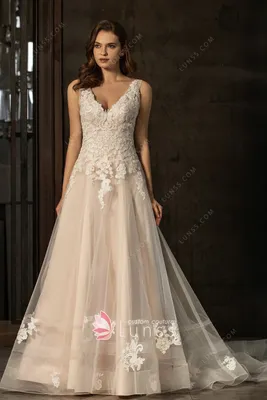 Розовое нюдовое классическое свадебное платье с V-образным вырезом в форме  сердца на спине - Lunss