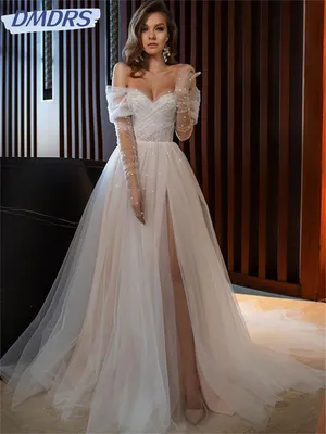 Классическое свадебное платье цвета шампанского, соблазнительные Свадебные  платья с разрезом сбоку в горошек, с длинным рукавом, элегантные платья с  открытыми плечами | AliExpress