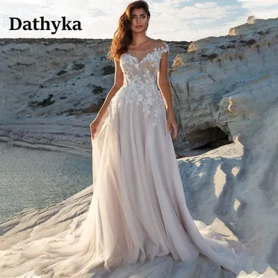 Элегантные свадебные платья-трапеции Dathyka для свадьбы, классическое  свадебное платье со шлейфом и пуговицами, с открытой спиной, с глубоким  круглым вырезом, с аппликацией, с иллюзией | AliExpress
