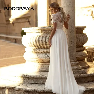 Классическое кружевное свадебное платье RODDRSYA с аппликацией, элегантные свадебные  платья с высоким воротом и пышными рукавами, простые шифоновые платья-трапеции,  свадебные платья Классические свадебные платья с круж | AliExpress