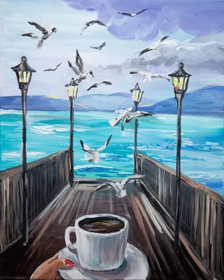 утренний кофе на солнечных лучах рассвета на берегу моря Стоковое  Изображение - изображение насчитывающей плоско, торт: 215708235