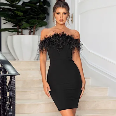 Коктейльные платья с перьями 2022, женское сексуальное мини-платье без  бретелек для дня рождения, черное Атласное Вечернее Платье-футляр на  молнии, изготовление на заказ | AliExpress