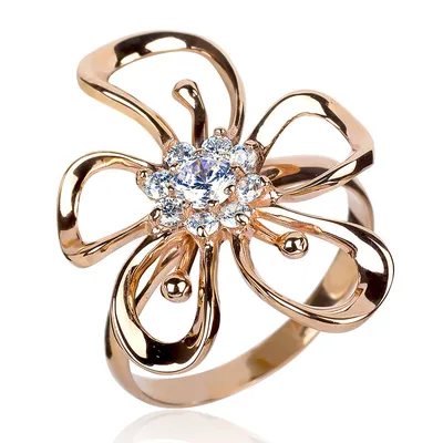 Золотое кольцо большой цветок, кольцо без камней, кольцо из красного  золота, кольцо с ажурным цветком
