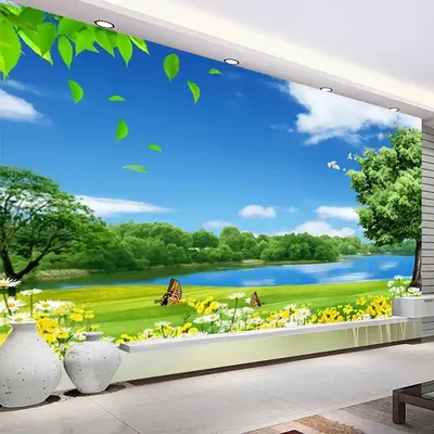 изготовленные на заказ 3d фото обои голубое небо белые облака луга озеро  водяное дерево цветы природа пейзаж настенные обои домашний декор|  Alibaba.com