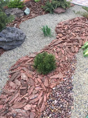 Щепа декоративная и сосновая кора в ландшафте сада | GreenMarke