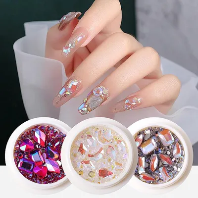 Купить 1 коробка, стразы для ногтей, разноцветные украшения для дизайна  ногтей AB, блестящие кристаллы с плоской задней поверхностью, 3D блестящие  драгоценные камни, аксессуары для ногтей | Joom