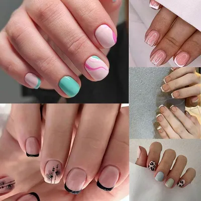 Накладные ногти со звездами белого и коричневого цвета, модные короткие  круглые накладные ногти для французского маникюра, съемные накладные ногти  с розовыми краями для творчества | AliExpress