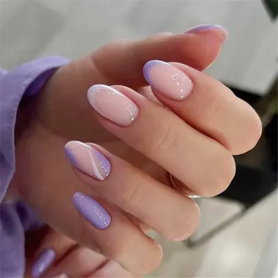 Милые короткие овальные накладные ногти с дизайном французские круглые ногти  Набор накладных ногтей полное покрытие накладные ногти фиолетовый маникюр |  AliExpress