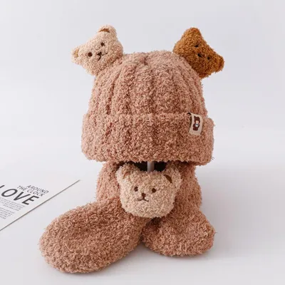 Купить Вязаный шарф с милым медведем, набор шапок, однотонный шейный платок  в корейском стиле, 3D кукла, плюшевая шапочка для ребенка | Joom