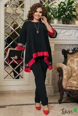 Брючный костюм для полных женщин красно-чёрный, креп-дайвинг ИТМВ 1250-4  большого размера купить | Lukari