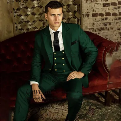 Модные Зеленые мужские костюмы, двубортный жилет, смокинги для жениха на  свадьбу, выпускной, официальный деловой Блейзер, комплект из 3 предметов, мужской  костюм | AliExpress