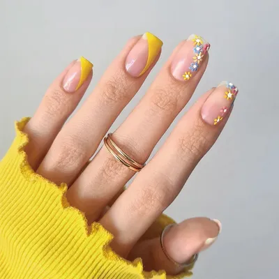 Желтые косые французские носимые искусственные ногти с красивыми маленькими  цветами съемные Готовые накладные ногти нажимайте на ногти | AliExpress