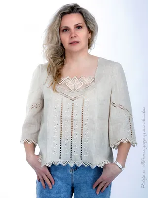 Блуза с кружевом и вышивкой с рукавами 3/4 из натурального льна фабрики  Ришелье