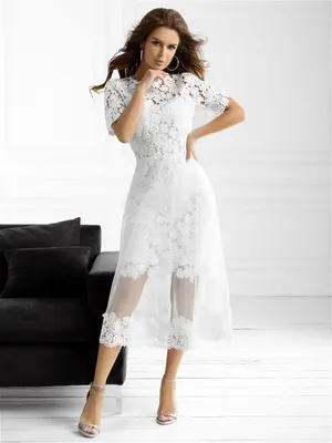 Платье с кружевом белое свадебное нарядное миди Tivardo 16615105 купить в  интернет-магазине Wildberries